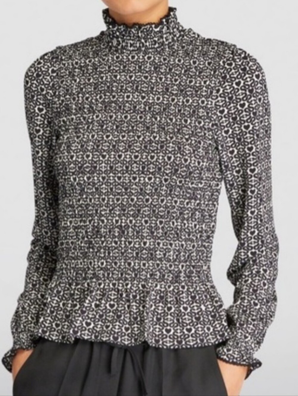 Sandro Black & White Heart Print Smocked Ruffle-Neck Long Sleeve Top Sz M